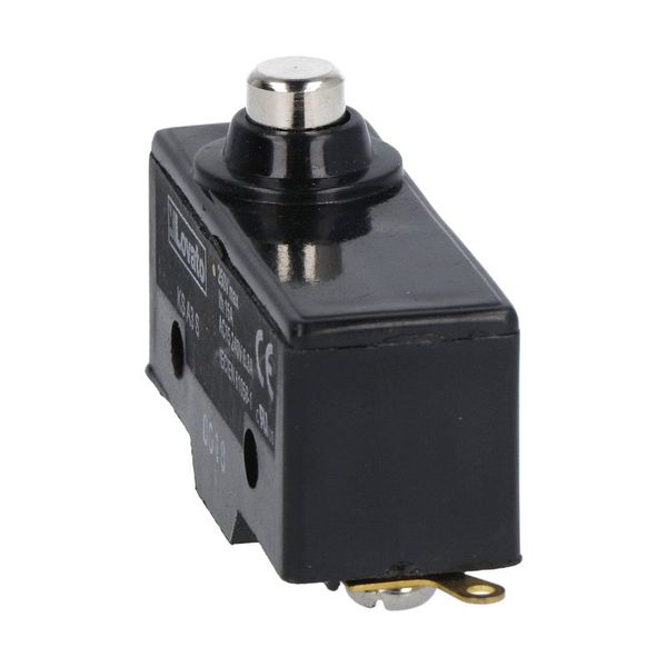 Plastic micro switch, K series, top push rod - metal plunger. Low rod plunger. Contacts 1NO/NC. Solder terminals image 1
