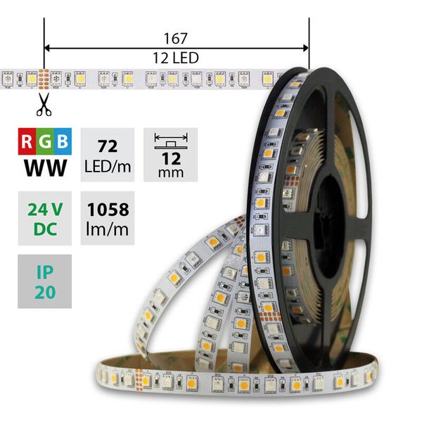 LED strip SMD5050 RGB+WW, 72LED/m, 17,2W/m, 1058lm/m, IP20, DC 24V, 12mm, 50m image 1