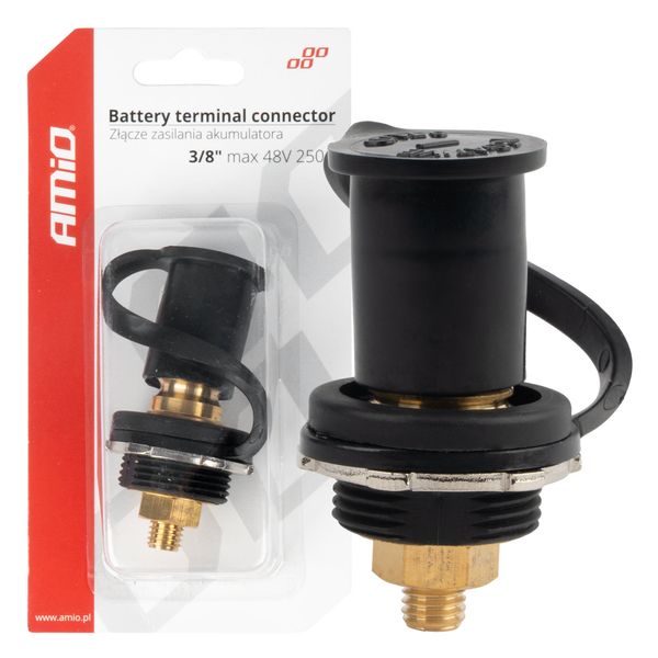 Battery supply connector black minus with cap 3/8 M10 12V 24V 48V 250A AMIO-03813 image 1