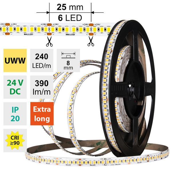 LED strip SMD2835 UWW, 240LED/m, 6W/m, DC 24V, 390lm/m, CRI90, IP20, 8mm, 5m image 1