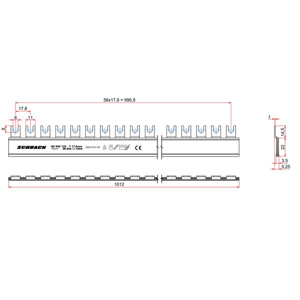 C-Busbar 1-pole, 16mmý,, L1 + L3, 1m (The price is shown without markup on metals. Request a quote for accurate information) image 3