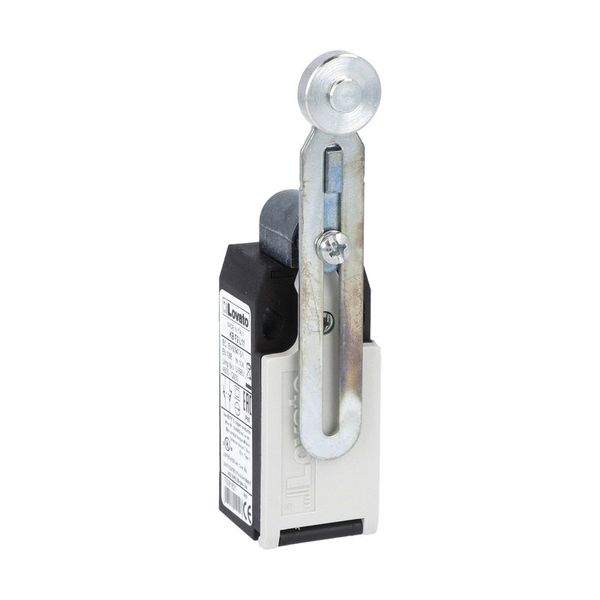 Limit switch, K series, adjustable roller lever, 1 bottom cable entry. Dimensions to EN 50047, plastic body, contacts 1NO+1NC snap action. Metal roller image 1