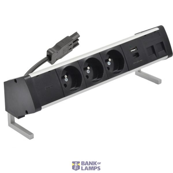Desk socket set: 3x250V type E + USB A+C charger + 2xRJ45 plate with Keystone mounting, Wieland quick connector; aluminum black image 1