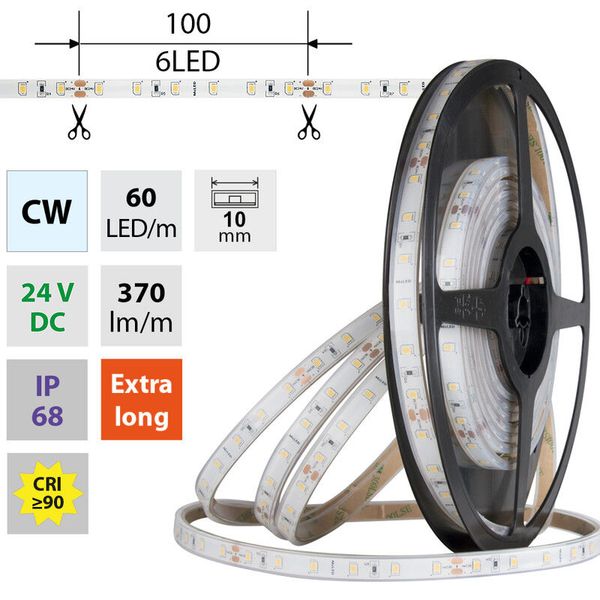 LED strip SMD2835 CW, 60LED/m, 4,8W/m, DC 24V, 370lm/m, CRI90, IP68, 10mm, 5m image 1