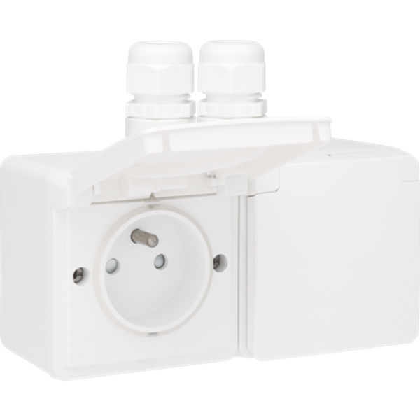 Splashproof double horizontal wall socket with pin earthing, shutters and plug-in terminals; includes surface-mounting box with two inputs on the upper side, white image 1