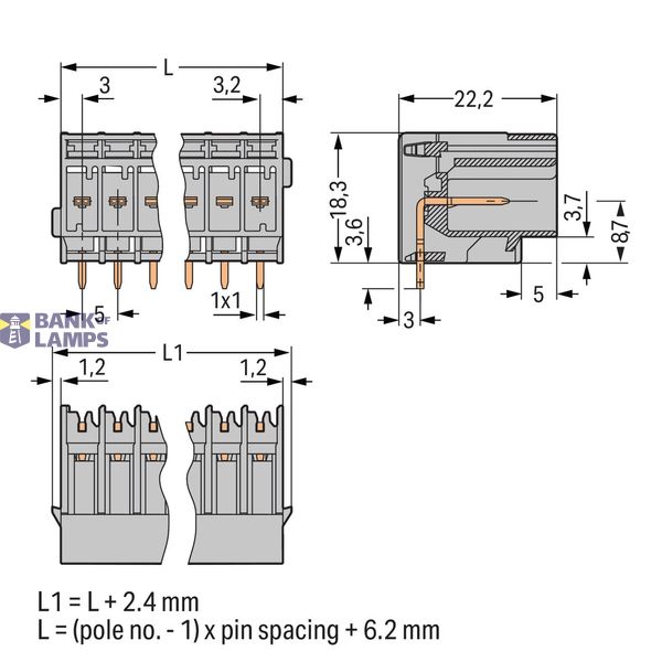 THT male header 1.0 x 1.0 mm solder pin angled gray image 2