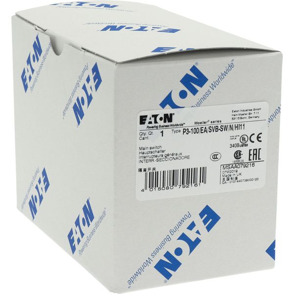 P3-100/EA/SVB-SW/N/HI11 Main switch, P3, 100 A, flush mounting, 3 pole + N, 1 N/O, 1 N/C, STOP function, With black rotary handle and locking ring, Lockable in the 0 (Off) po image 27