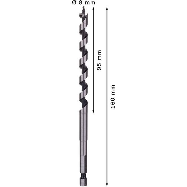 Wood auger bit, hexagon 8 x 95 x 160 mm, d 6,35 mm image 1