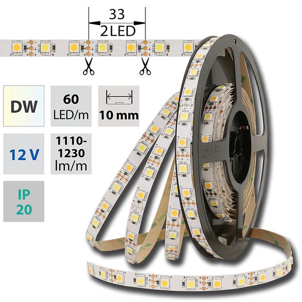 LED strip SMD5050 dual white WW-CW, 60LED/m, 14,4W/m, DC12V 1310lm/m IP20 10mm image 1