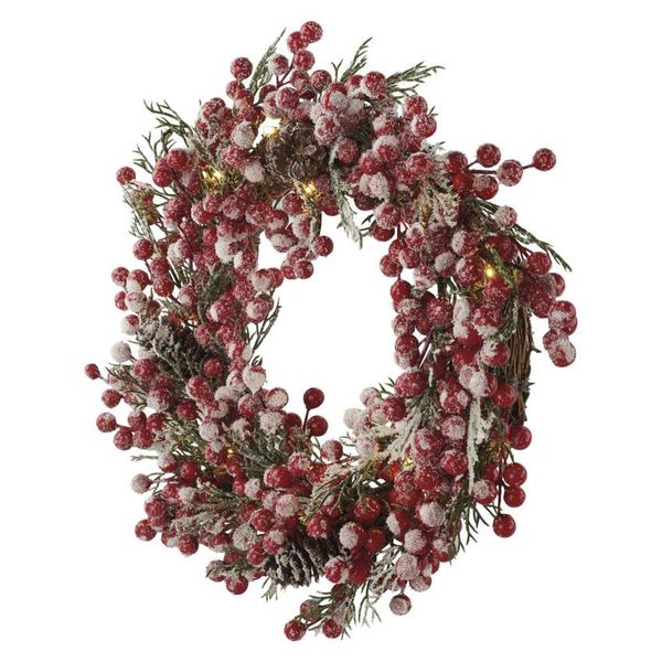 Decorated LED Christmas wreath, 38 cm, 3x AA, indoor, warm white, timer image 1