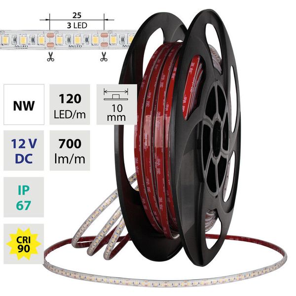 LED strip SMD2835 NW, 120LED/m, 7,2W/m, DC 12V, 700lm/m, CRI90, IP67, 10mm, 5m image 1