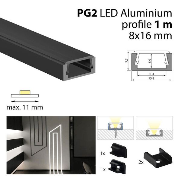 Attached aluminum profile black PG2 black diffusion 1m incl. 2x end cap 2x clip image 1