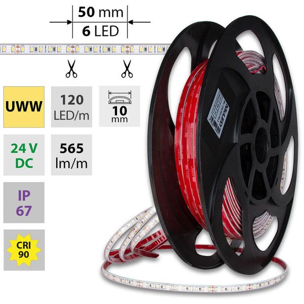 LED strip SMD2835 UWW, 120LED/m, 9,6W/m, DC 24V, 600lm/m, CRI90, IP67, 10mm, 50m image 1