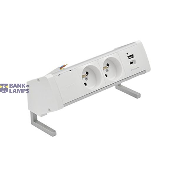 Desk socket set: 2x250V type E + USB A+C charger, 10 cm cable; aluminum white image 1