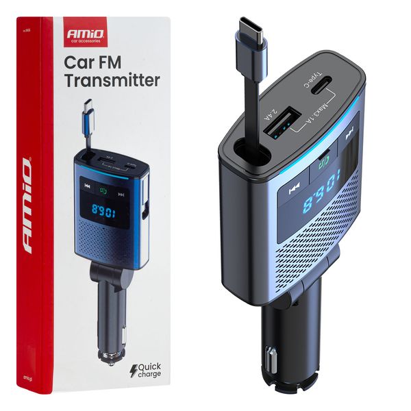 Car FM Transmitter 1×USB-A 1×USB-C 12V 24V AMIO-04656 image 1