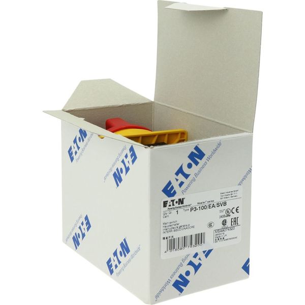 P3-100/EA/SVB Main switch, P3, 100 A, flush mounting, 3 pole, Emergency switching off function, With red rotary handle and yellow locking ring, Lockable in the 0 (O image 26