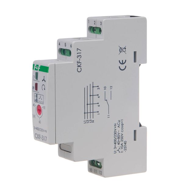 digital phase sequence and phase loss sensor with adjustable asymmetry threshold, True RMS, DIN rail mounting; CKF-317-TRMS image 1
