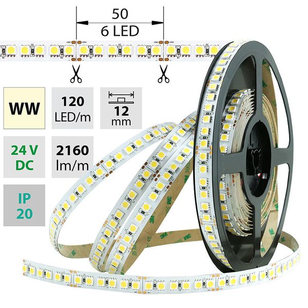 LED strip SMD5050 WW, 120LED/m, 28,8W/m, 2160lm/m, IP20, DC 24V, 12mm, 5m image 1