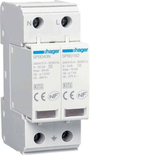 Surge arrester T2 2P 15kA 1kV TT-TNS + AUXILIARY CONTACT image 1