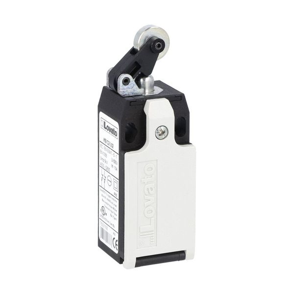Limit switch, K series, roller centre push lever, 1 bottom cable entry. Dimensions to EN 50047, plastic body, contacts 2NO+1NC slow action. Metal roller image 1