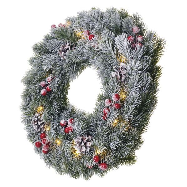 LED Christmas wreath, snowy, 38 cm, 2x AA, indoor, warm white, timer image 1