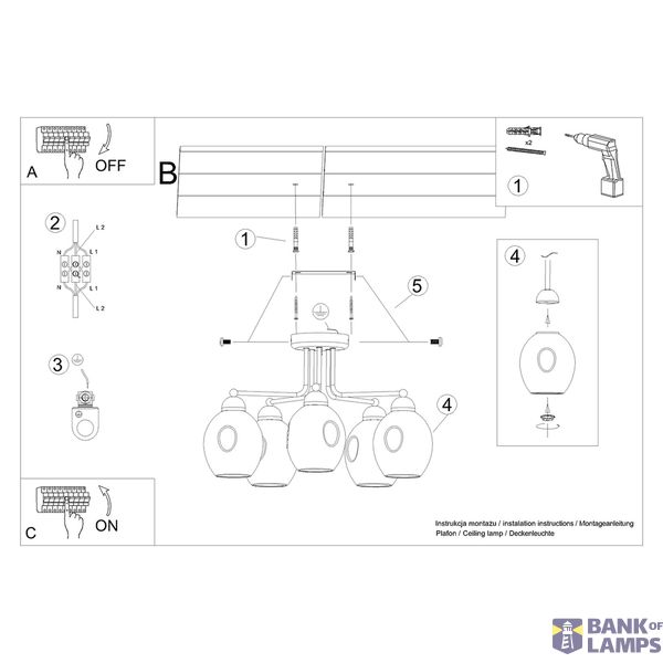 FILLAN 5 CHANDELIER BLACK E27 5X60 IP20 image 5
