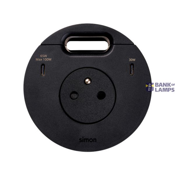 Furniture power socket (pin grounding) with USB-C 100W charger and grommet (cable outlet), Simon 400 Flash 90, IP20, 16A, black, Mount. dimen.: Ø80mm image 1