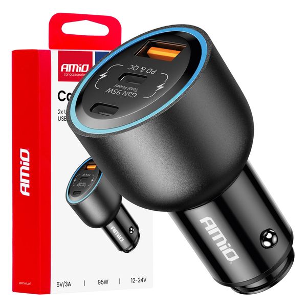 Car charger double USB C port + USB A port 12/24V 95W AMIO-04372 image 1
