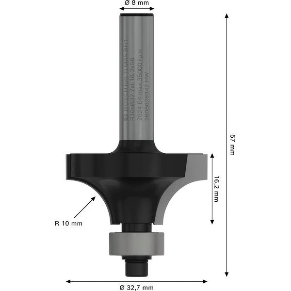 Rounding over bit, 8 mm, R1 10 mm, L 16.5 mm, G 57 mm image 1