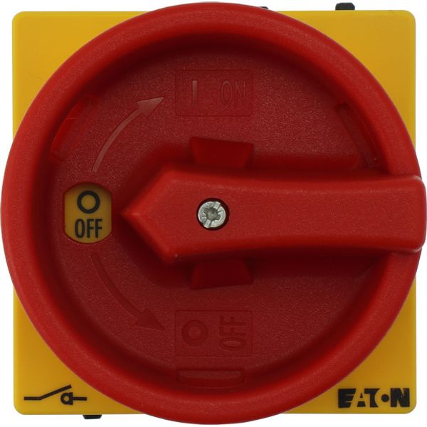 Main switch, P1, 40 A, flush mounting, 3 pole, Emergency switching off function, With red rotary handle and yellow locking ring, Lockable in the 0 (Of image 1