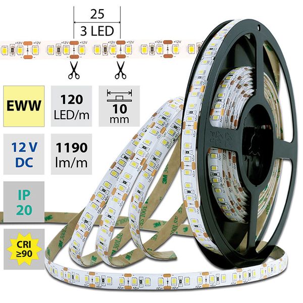 LED strip SMD2835 WW, 120LED/m, 14W/m, 1190lm/m, IP20, DC 12V, 10mm, 50m image 1