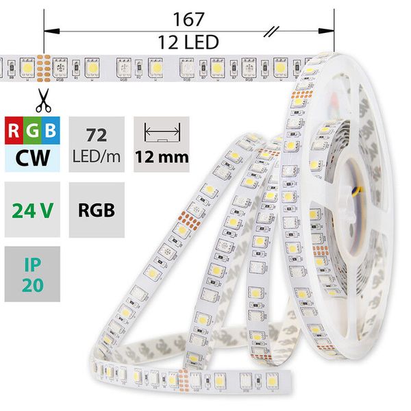 LED strip SMD5050 RGB+CW, 72LED/m, 17,2W/m, 1125lm/m, IP20, DC 24V, 12mm, 5m image 1