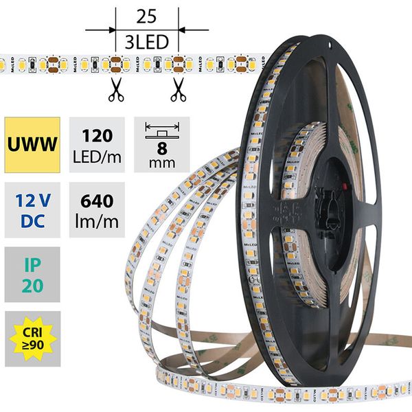 LED strip SMD2835 UWW, 120LED/m, 9,6W/m, DC 12V, 640lm/m, CRI90, IP20, 8mm, 50m image 1