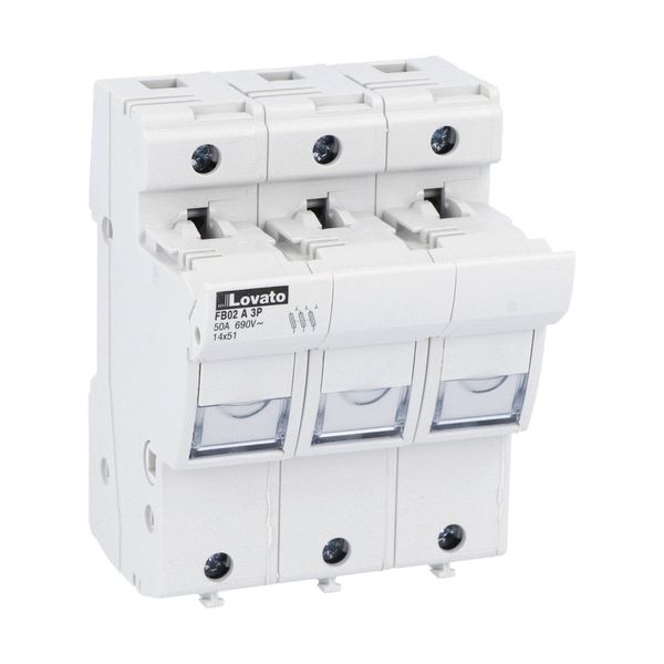 Fuse holder UL recognized and CSA certified, for 14X51mm fuses. 50A rated current at 690VAC, 3P. Without status indicator. 3 modules image 1