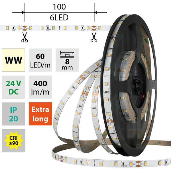 LED strip SMD2835 WW, 60LED/m, 4,8W/m, DC 24V, 400lm/m, CRI90, IP20, 8mm, 50m image 1