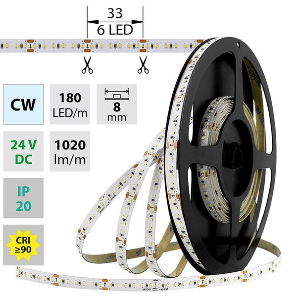 LED strip SMD2216 CW, 180LED/m, 12W/m, 1020lm/m, IP20, DC 24V, 8mm, 30m image 1