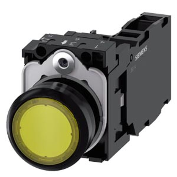 Pushbutton, illuminated, 22 mm, round, plastic, yellow, 1 NO + 1 NC, 230 V AC image 1