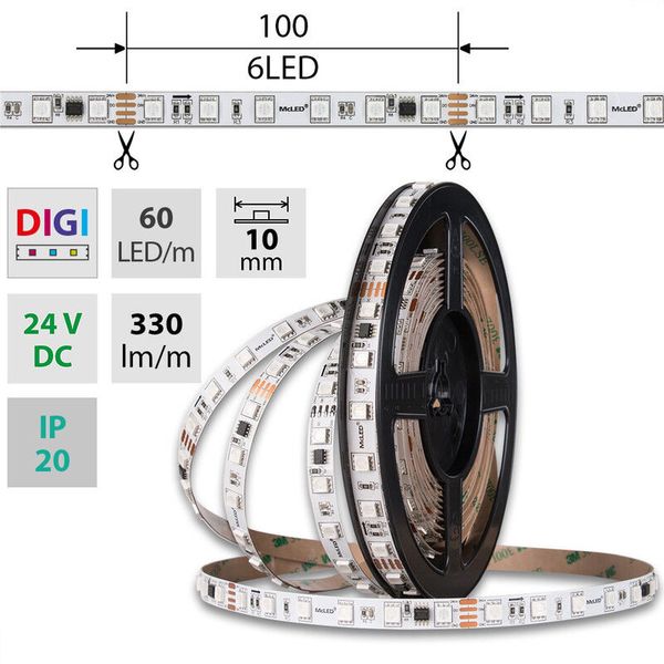 LED strip SMD5050 RGB SPI, 60LED/m, 12W/m, DC24V, 330lm/m, IP20, 10mm, 5m image 1