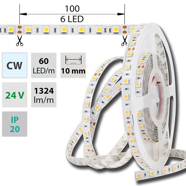 LED strip SMD5050 CW, 60LED/m, 14,4W/m, DC 24V, 1515lm/m, IP20, 10mm, 50m image 1