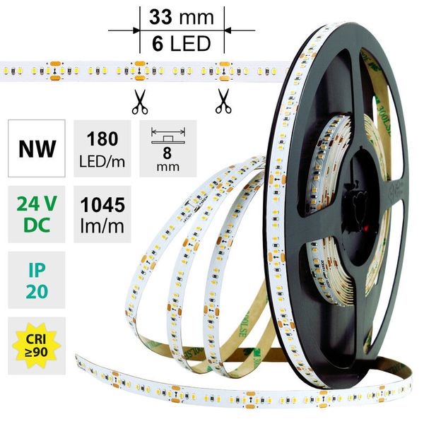 LED strip SMD2216 NW, 180LED/m, 12W/m, DC 24V, 1045lm/m, CRI90, IP20, 8mm, 30m image 1
