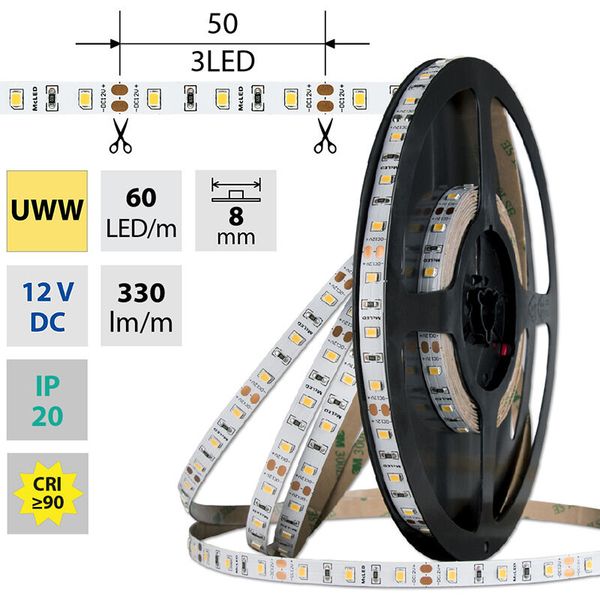 LED strip SMD2835 UWW, 60LED/m, 4,8W/m, DC 12V, 330lm/m, CRI90, IP20, 8mm, 5m image 1