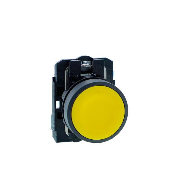 Push button, Harmony XB5N XB7N, plastic, flush, yellow, 22mm, spring return, unmarked, 1 NO image 1