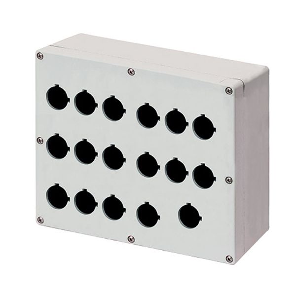 Aluminium push-button enclosure M4 230x205x100, 17 holes Ø 22, with cable entry image 1