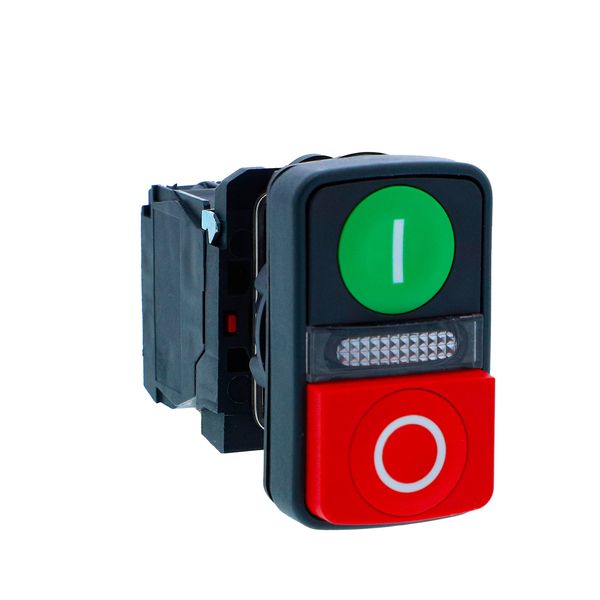 ill double-head pushbutton, Harmony XB5N XB7N, plastic,22mm, 1 green flush + 1 red projecting, marked, 24V AC DC, 1NO 1NC image 1