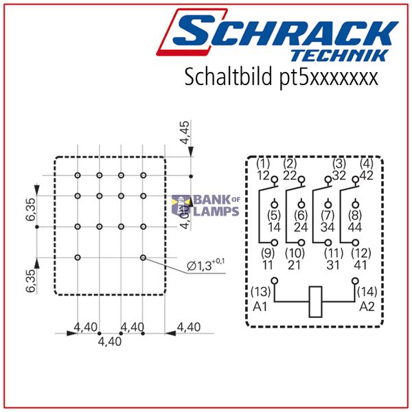 Plug-in Relay 14 pin 4 C/O 220VDC 6A, gold plated, series PT image 2