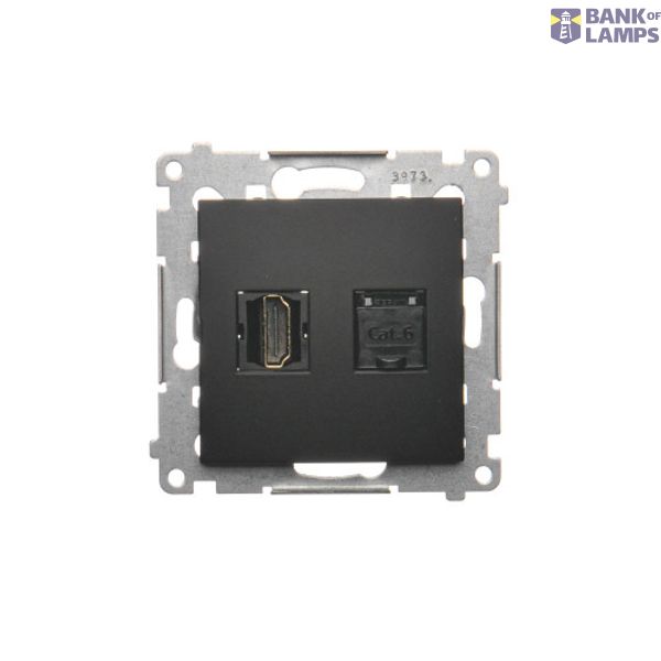 HDMI socket + computer socket RJ45 cat.6, black matt image 1