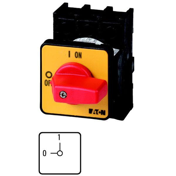 P1-32/E-RT On-Off switch, P1, 32 A, flush mounting, 3 pole, Emergency switching off function, with red thumb grip and yellow front plate image 1