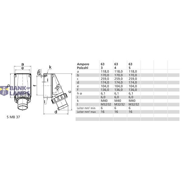 TCD 6h 63A 5P 400V IP67 170x118 Opb Ni image 3