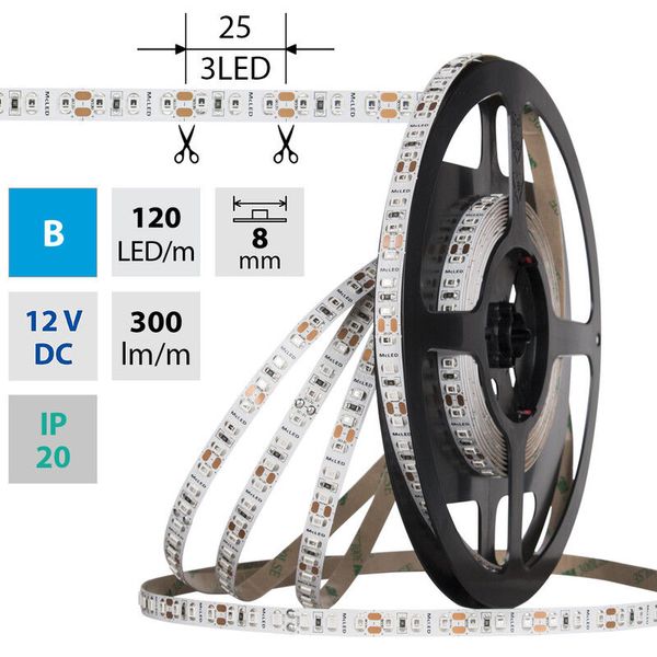 LED strip SMD2835 blue, 120LED/m, 9.6W/m, DC 12V, 300lm/m, IP20, 8mm, 50m image 1