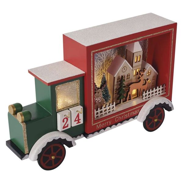 LED Advent Calendar, wooden vehicle, 20x30.5 cm, 2x AA, inside, warm white, timer image 1